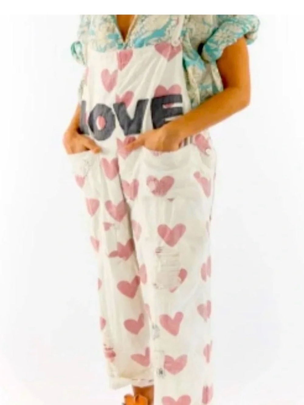 Magnolia Pearl Cream Heart-Print Pajama Overalls with LOVE Graphic